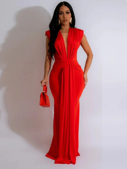 Elegant Ruched Bodycon Maxi Dress with deep V-neck for Women special evening out.