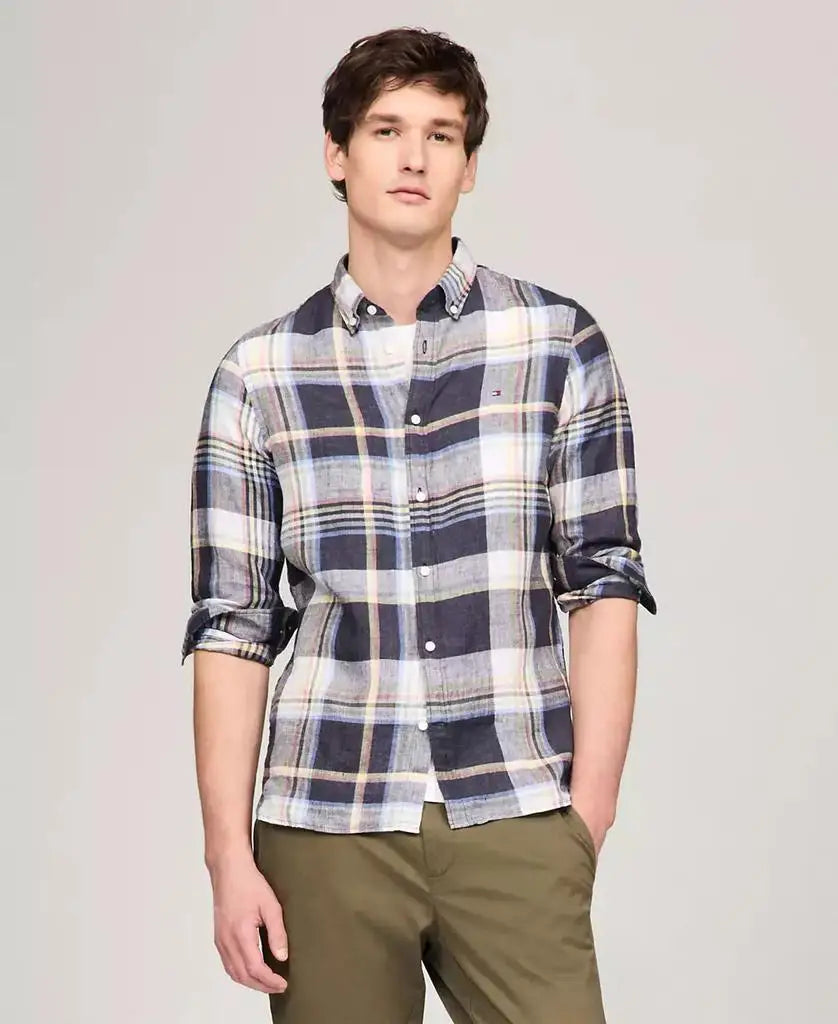 Men's Iconic Linen Check Slim-Fit Long-Sleeve Shirt