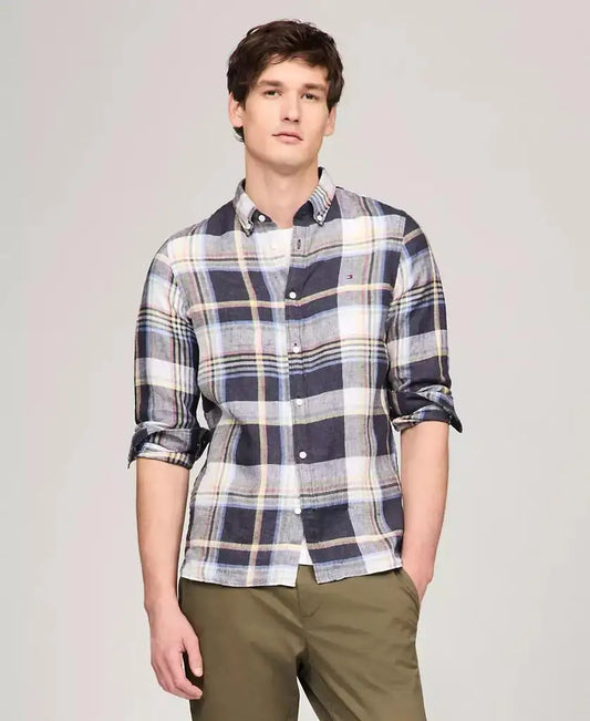 Men's Iconic Linen Check Slim-Fit Long-Sleeve Shirt