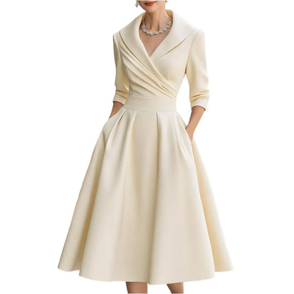 Women's Elegant Christmas Retro print, V-Neck Long Sleeved  Dress