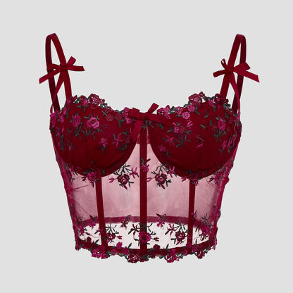 Lace Floral Embroidery Bow Corset For Women