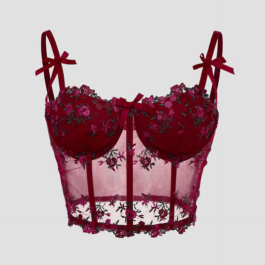 Lace Floral Embroidery Bow Corset For Women
