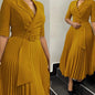 Office Dresses Pleated Notched Collar Half Sleeve Belted Waist Mid Calf