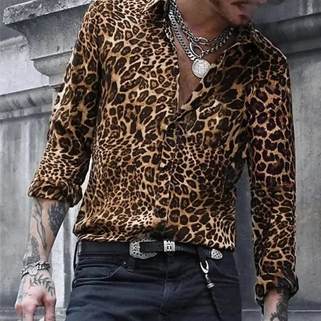 2024 Leopard Print Long Sleeved  Lapel Button men's/Unisex Shirt
