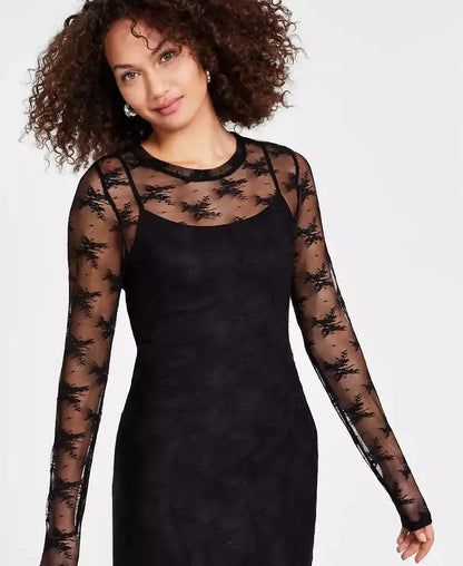 Women's Lace Long-Sleeve Crewneck Midi Dress