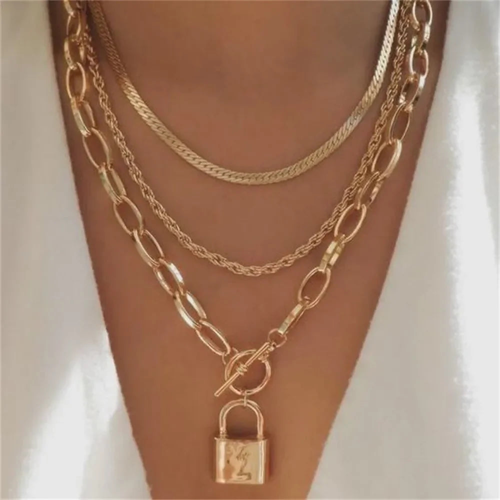 Multilevel Geometric Vintage Punk Gold-plate Thick Chain Muli