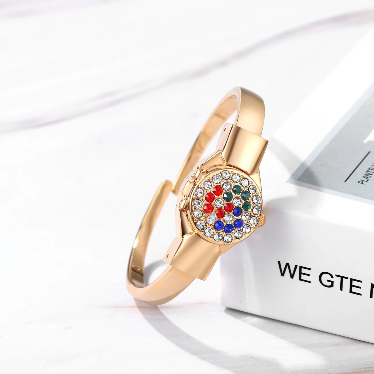 Women's Gold Bracelet Watch  with Red Blue Gemstone