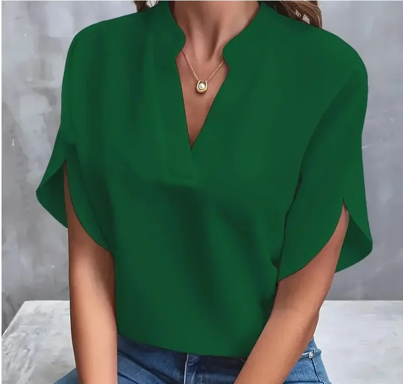 Elegant Women's Blouse New V-neck Short Sleeve 

Solid Color Loose Shirt Casual White Tops Office Lady Blouses