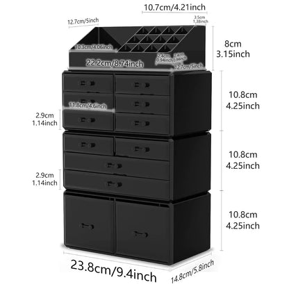 Makeup Cosmetic Organizer with 12 Drawers with Display Boxes & Case (Black)
