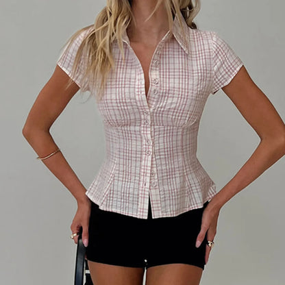 Women's  Short Sleeve Plaid Button Down Shirt