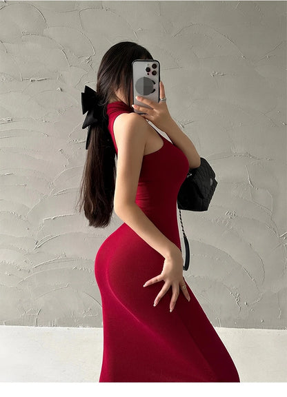 Elegant Red Sexy Bodycon Turtleneck Midi Dress for Women
