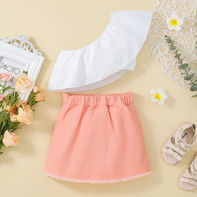 Girl's Flounce Off-Shoulder Top with Button Detailing and High-Waisted Skirt Set