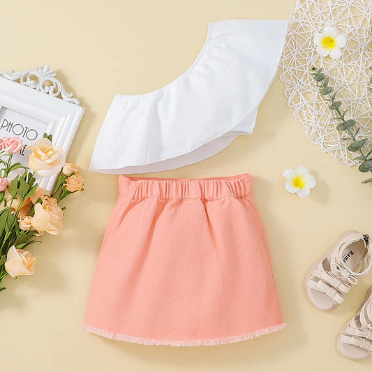 Girl's Flounce Off-Shoulder Top with Button Detailing and High-Waisted Skirt Set