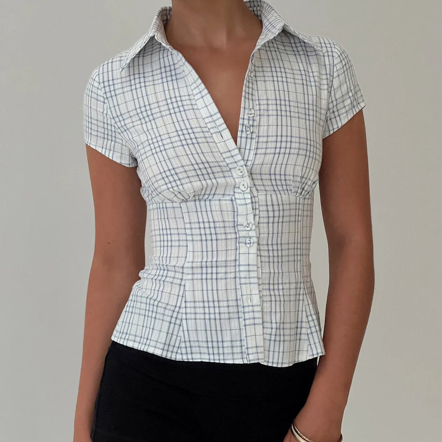 Women's  Short Sleeve Plaid Button Down Shirt