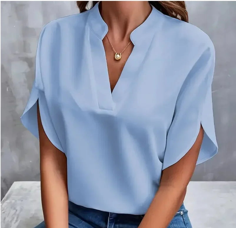 Elegant Women's Blouse New V-neck Short Sleeve 

Solid Color Loose Shirt Casual White Tops Office Lady Blouses