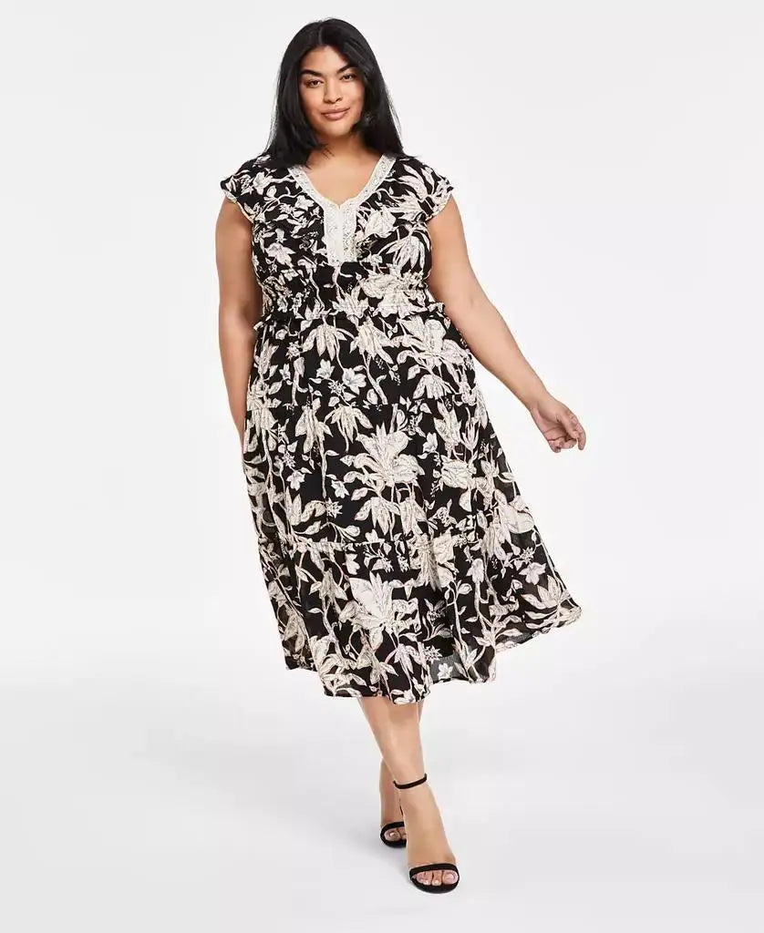 Plus Size Printed V-Neck Fit & Flare Dress