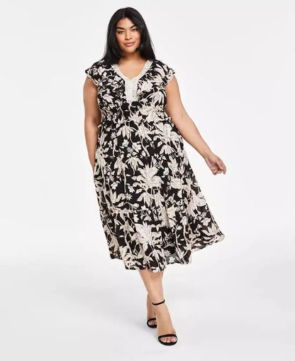 Plus Size Printed V-Neck Fit & Flare Dress