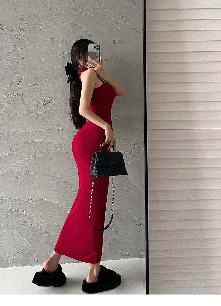 Elegant Red Sexy Bodycon Turtleneck Midi Dress for Women