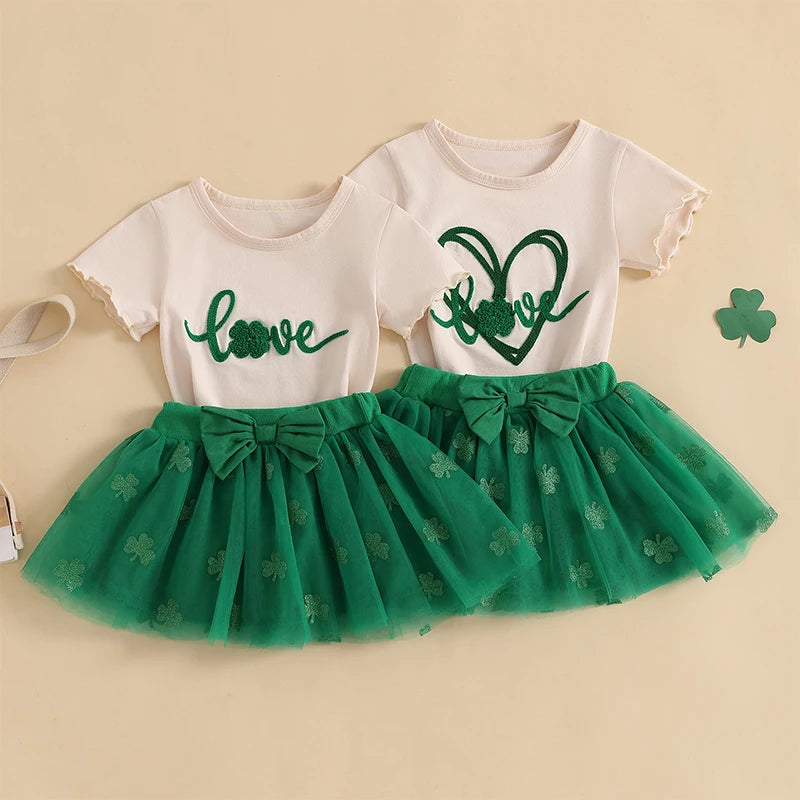 St Patrick s Day Short Sleeved Skirt and top set with Shamrock Print Short Sleeve