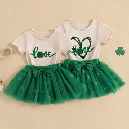 St Patrick s Day Short Sleeved Skirt and top set with Shamrock Print Short Sleeve