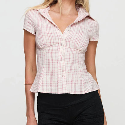 Women's  Short Sleeve Plaid Button Down Shirt