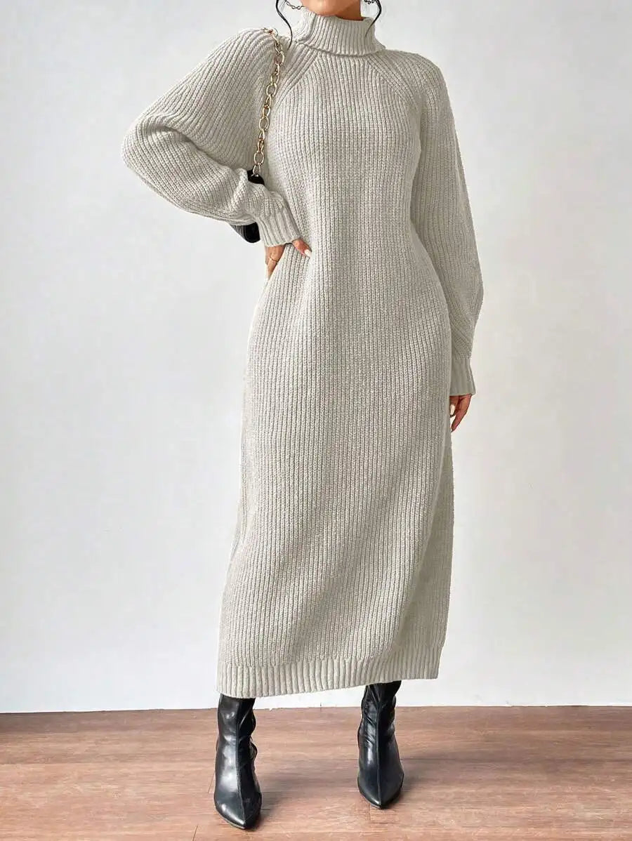 Black Turtleneck Ribbed Knit Long Sleeve Sweater Dress for Women