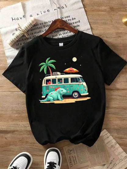Black Cotton T-Shirt With Van Dinosaur & Palm Tree