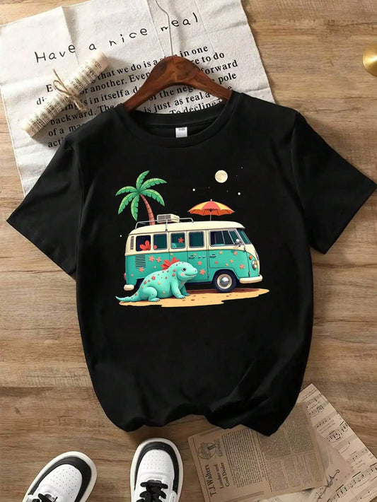 Black Cotton T-Shirt With Van Dinosaur & Palm Tree