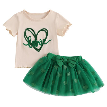 St Patrick s Day Short Sleeved Skirt and top set with Shamrock Print Short Sleeve