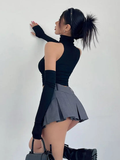 Sexy High Neck Pleated Tank Top