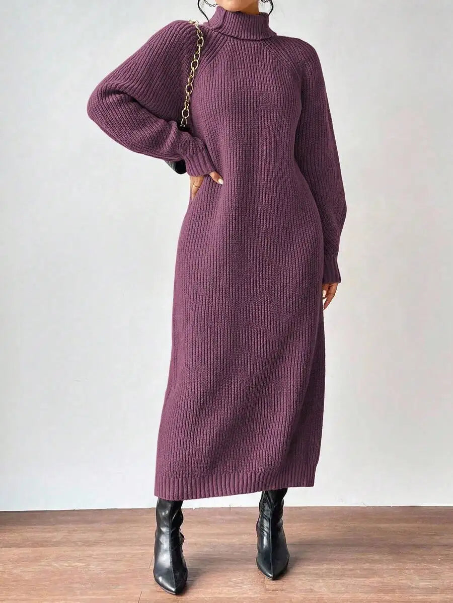 Black Turtleneck Ribbed Knit Long Sleeve Sweater Dress for Women