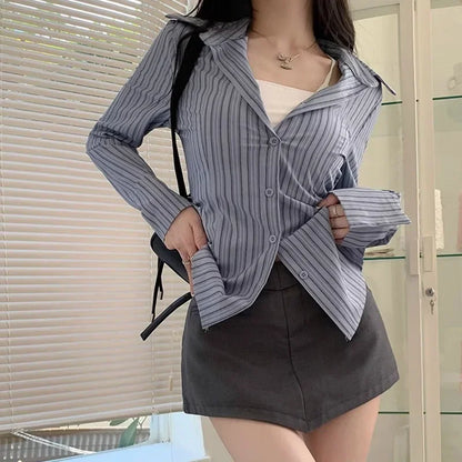2025 Korean Blue Striped Long Sleeve Shirt Jacket