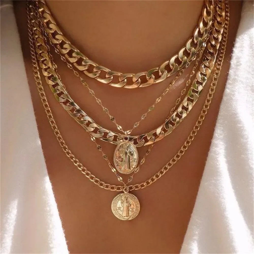 Multilevel Geometric Vintage Punk Gold-plate Thick Chain Muli