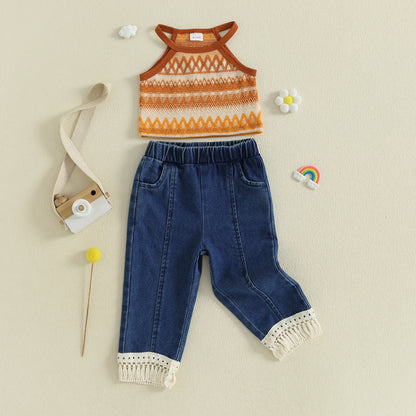 Kids Girls Pants Set, Sleeveless Knit Camisole with Elastic Waist Tasseled Jeans