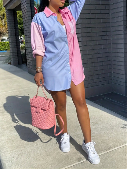 New Women's Color Block Long-sleeved Button Shirt