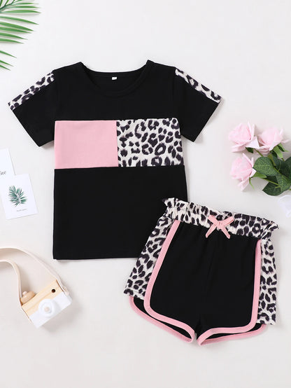 Baby Girl  Short Sleeve T-shirt Tops with Leopard Camo Printed Shorts Set