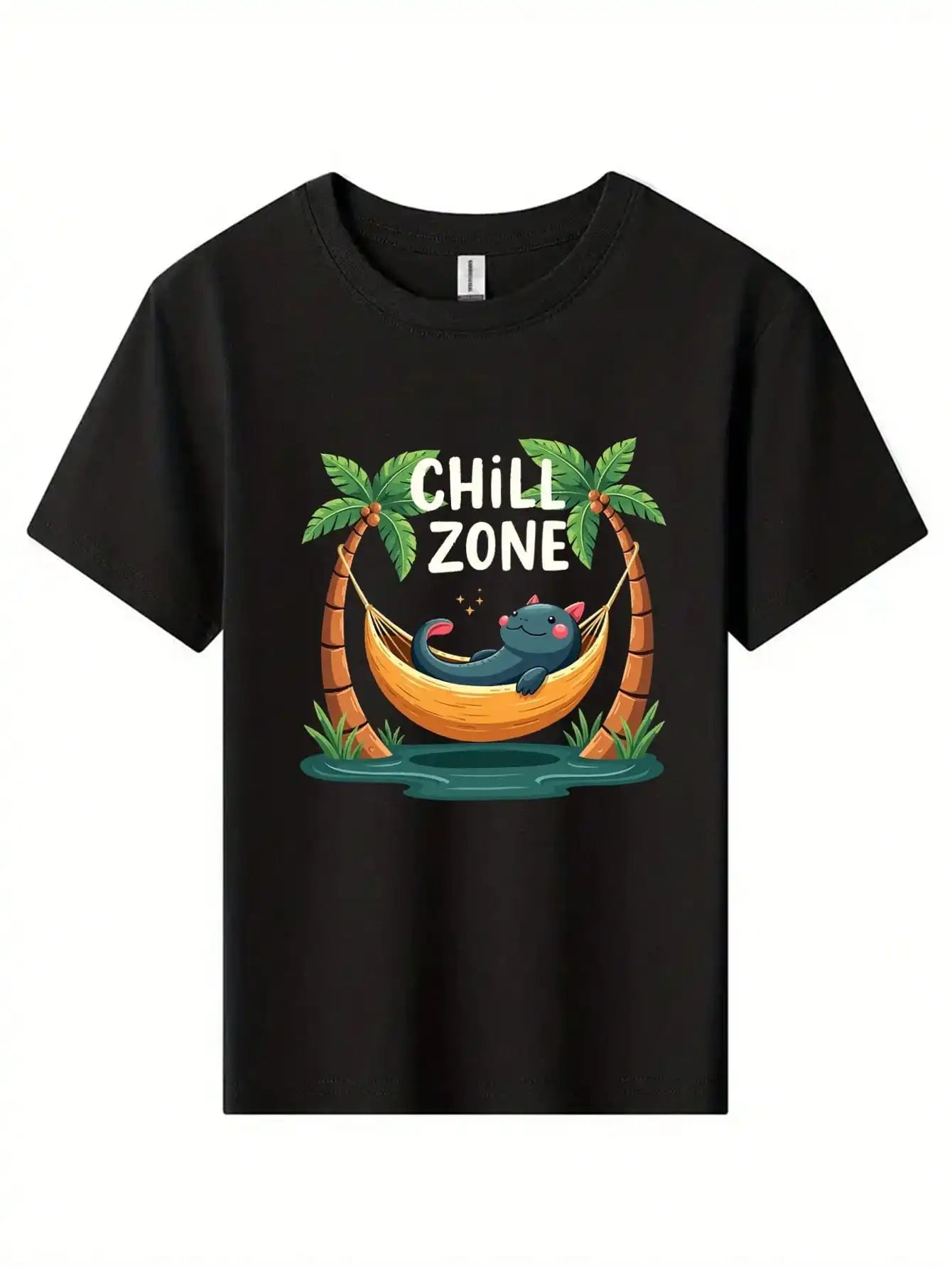 "Hammock Chill Zone" - Black Cotton T-Shirt, With Palm Trees And Relaxing Cat
