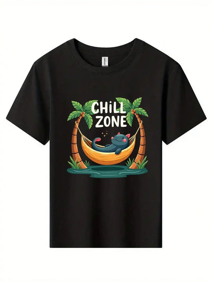 "Hammock Chill Zone" - Black Cotton T-Shirt, With Palm Trees And Relaxing Cat