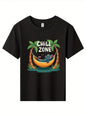 "Hammock Chill Zone" - Black Cotton T-Shirt, With Palm Trees And Relaxing Cat