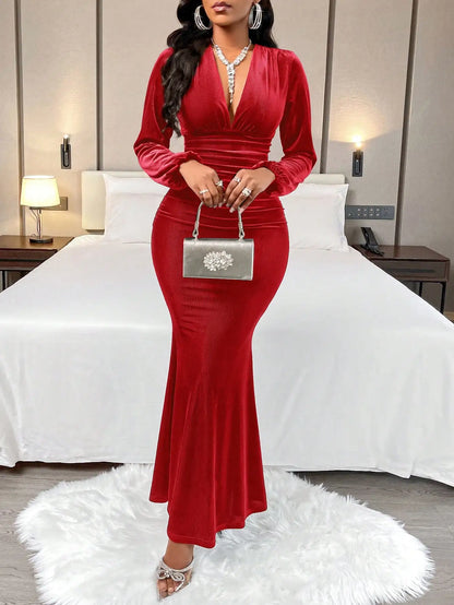 Elegant V-Neck Pleated Velvet  Mermaid Dress For Party