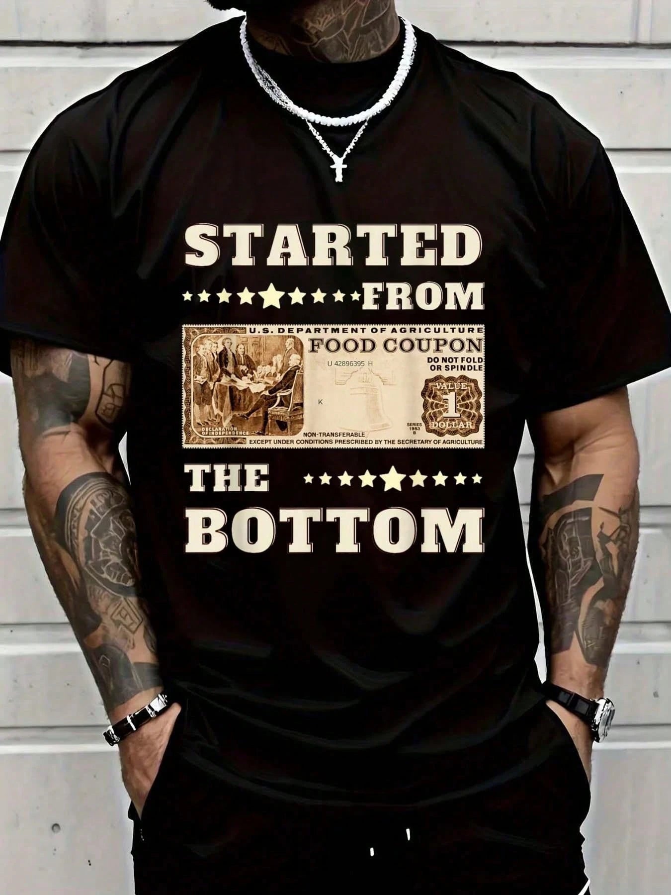 Men "Started From Bottom Food Stamp Coupon" Vintage Washed T Shirt