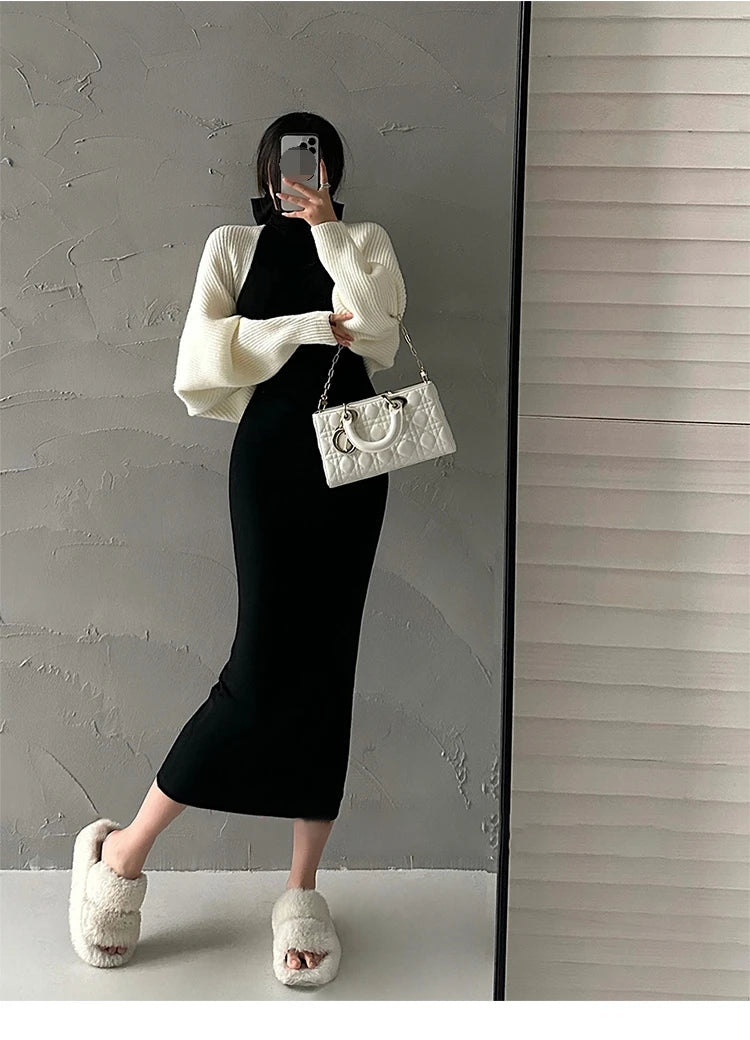 Elegant Red Sexy Bodycon Turtleneck Midi Dress for Women