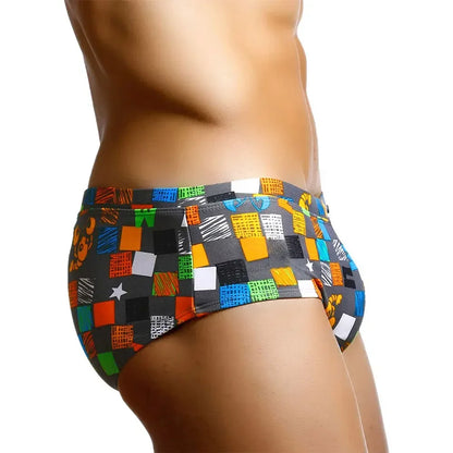 Sexy Summer Men Swimwear with Brazilian Cut and Square Graffiti  Pattern