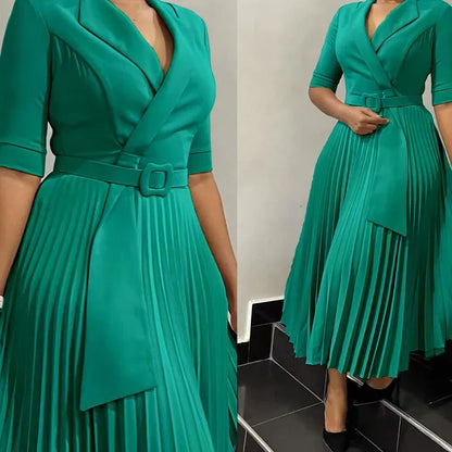 Office Dresses Pleated Notched Collar Half Sleeve Belted Waist Mid Calf