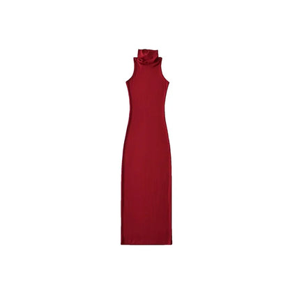 Elegant Red Sexy Bodycon Turtleneck Midi Dress for Women