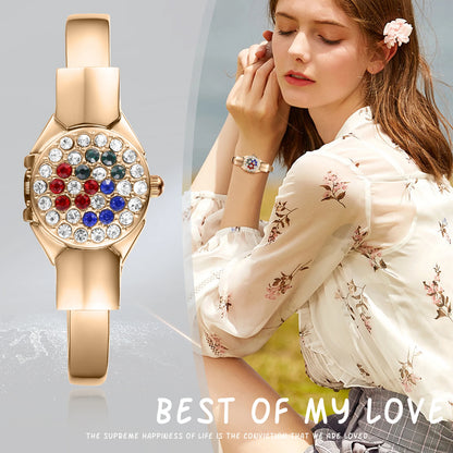 Women's Gold Bracelet Watch  with Red Blue Gemstone
