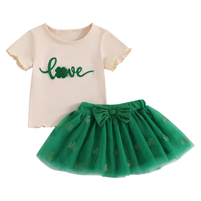 St Patrick s Day Short Sleeved Skirt and top set with Shamrock Print Short Sleeve