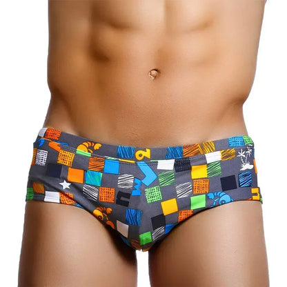 Sexy Summer Men Swimwear with Brazilian Cut and Square Graffiti  Pattern