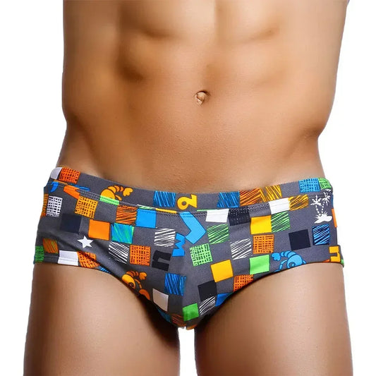 Sexy Summer Men Swimwear with Brazilian Cut and Square Graffiti  Pattern