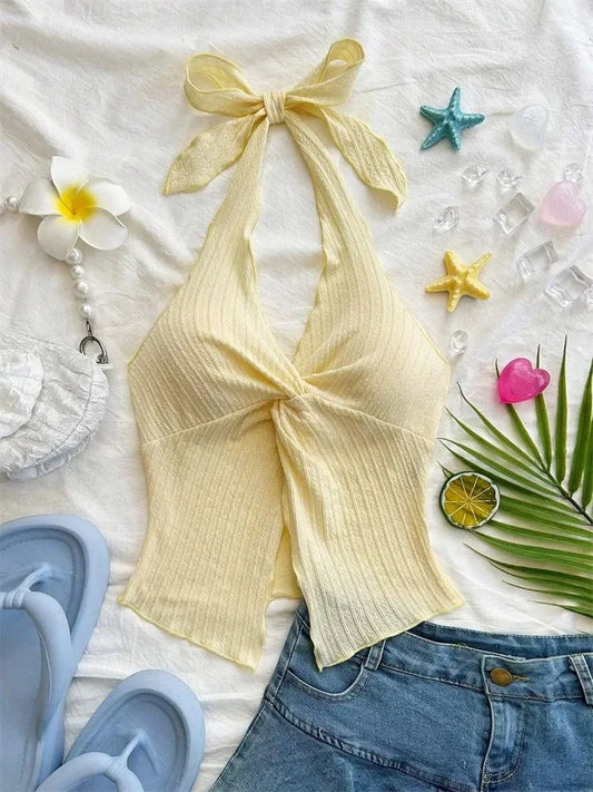 Yellow V-neck Halter Neck Top for Women